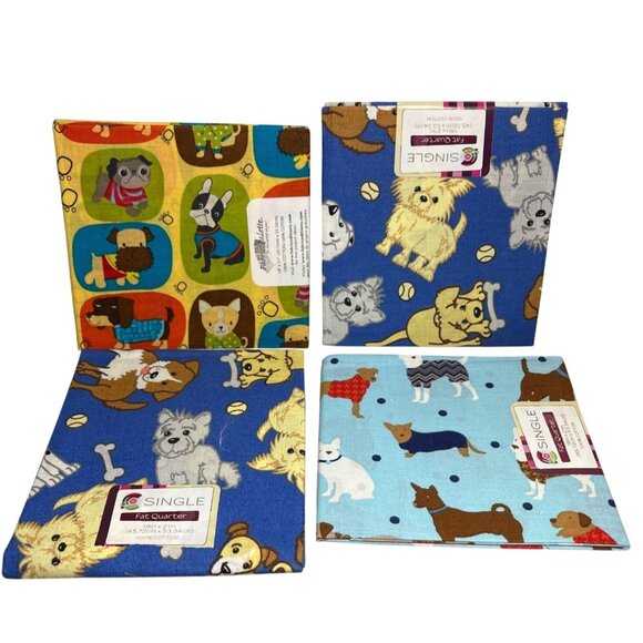 Dog Themed Fat Quarters Cotton 18" X 21" Set Of 4 - Picture 1 of 9